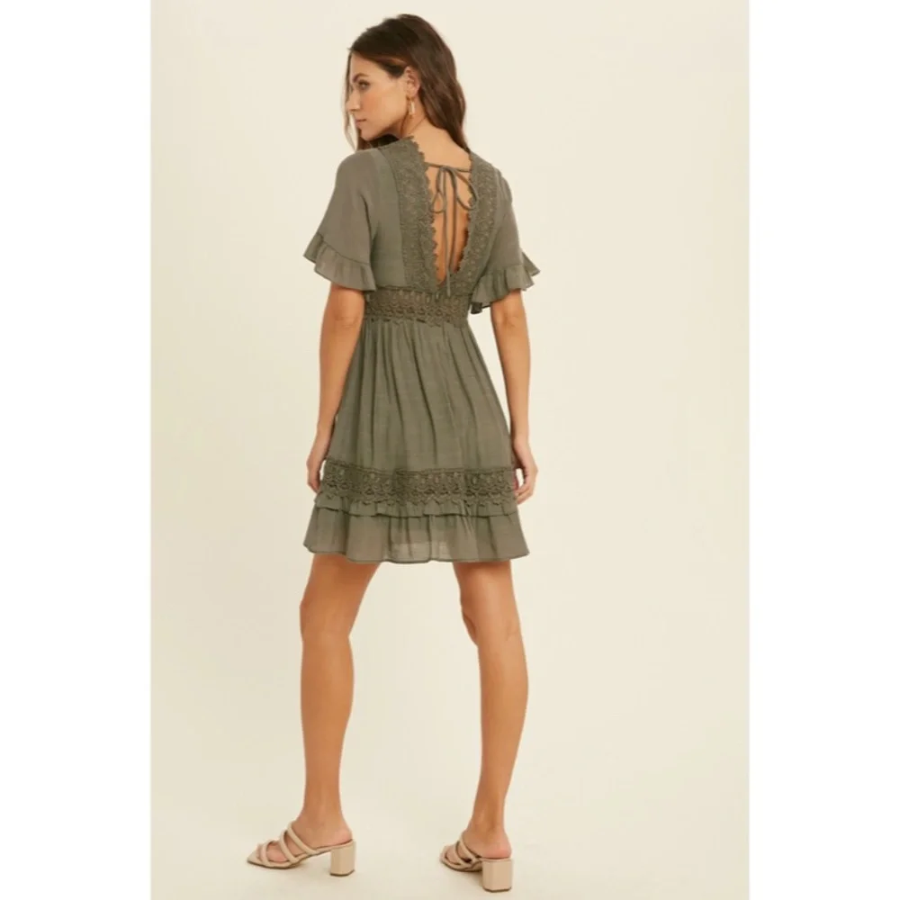 Dainty Olive Green Bohemian Crochet Lace Trim Ruffle Short Sleeve Mini Dress - Picture 5 of 5